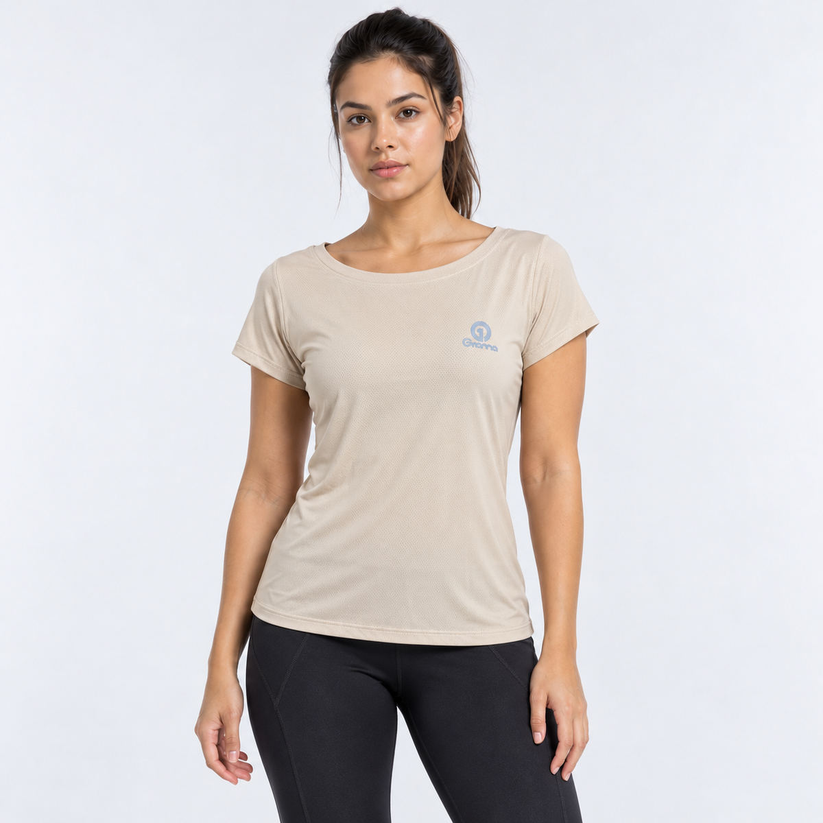 Blusa Japonesa IV beige para mujer, vista frontal con cuello redondo y manga corta