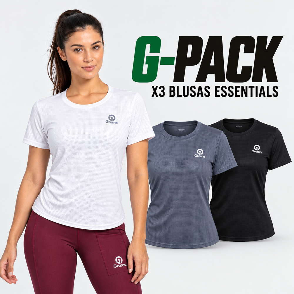 G-Pack X3 Blusas Essentials Grama para mujer en colores blanco, gris y negro, con modelo luciendo la blusa blanca.