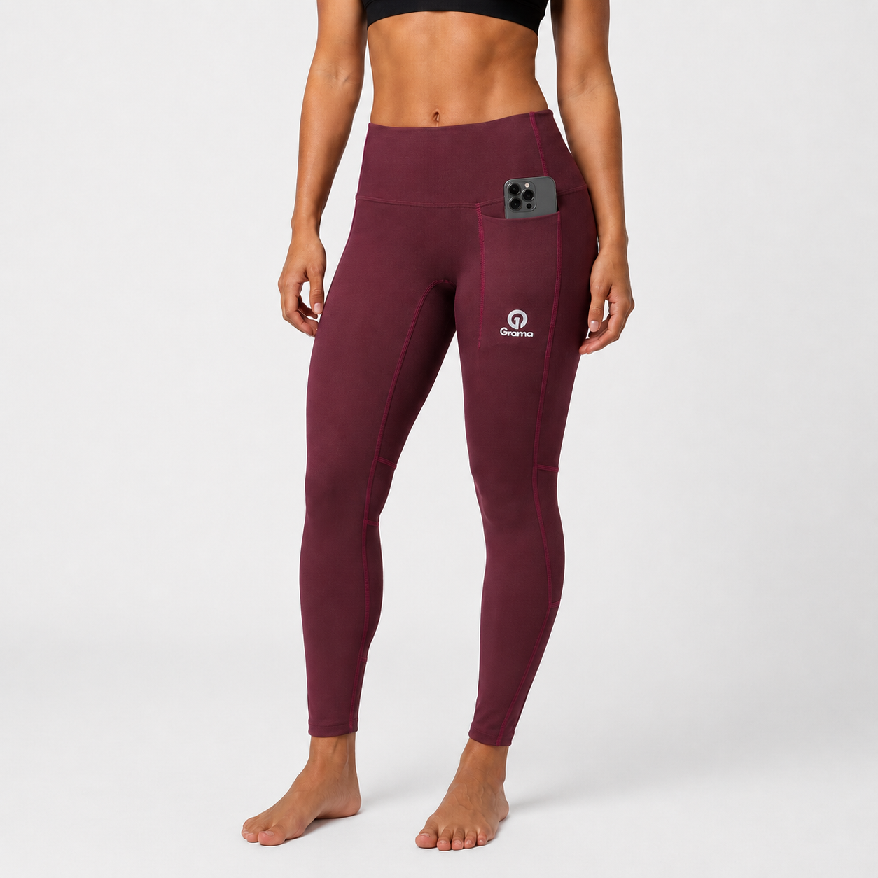 Leggings Cleiro 2 vino tinto para mujer con bolsillo lateral y detalle de celular, vista frontal