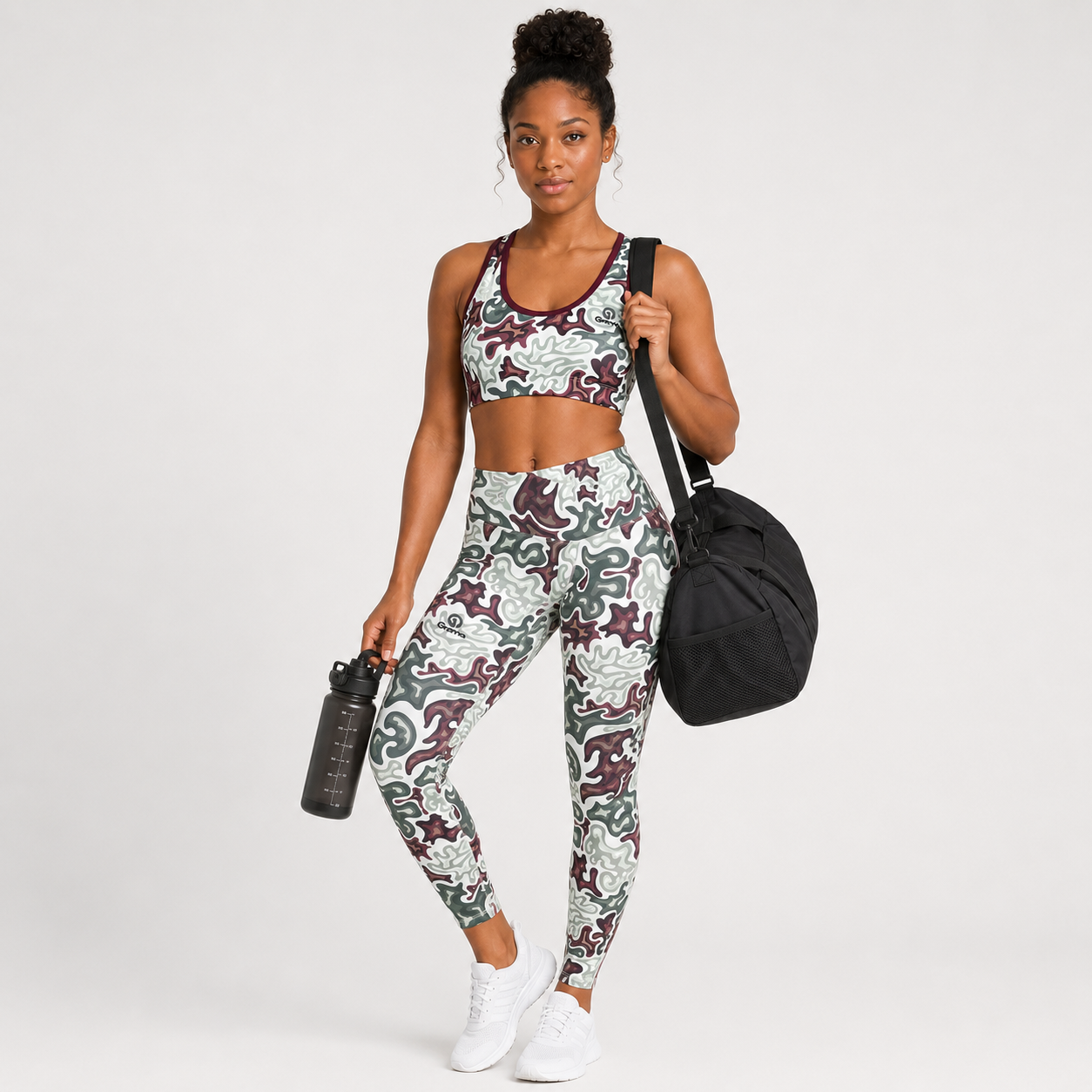 Conjunto Deportivo Sublimado para mujer, vista frontal completa con accesorios