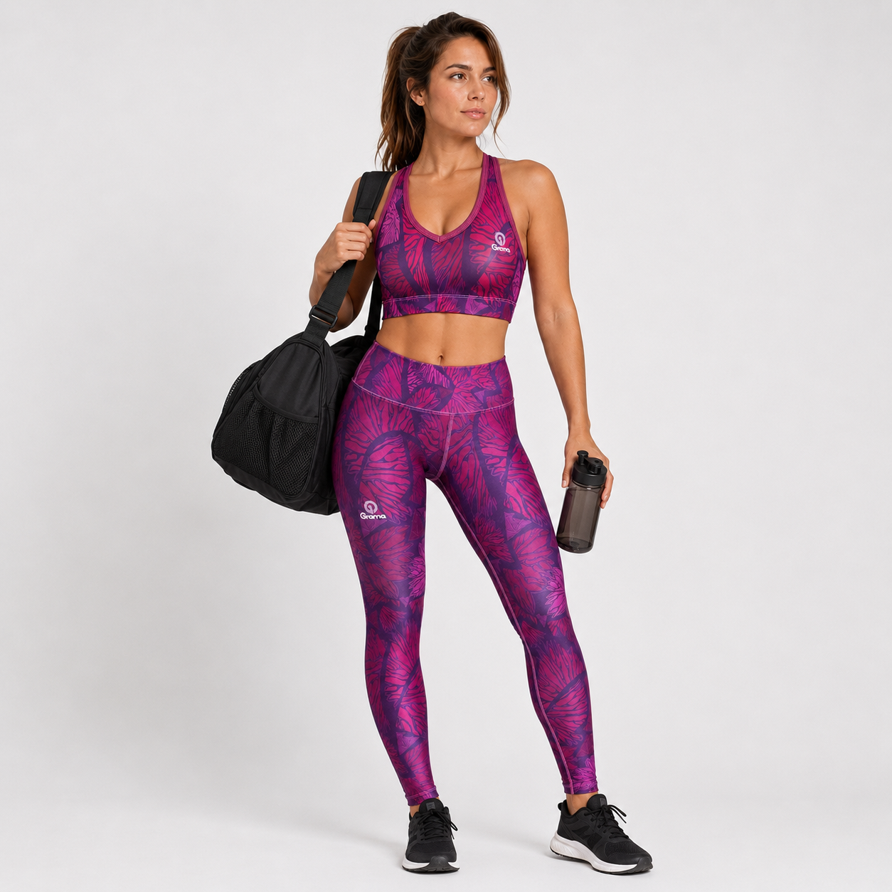 Conjunto Deportivo Sublimado 26 morado, vista frontal completa con top y leggings