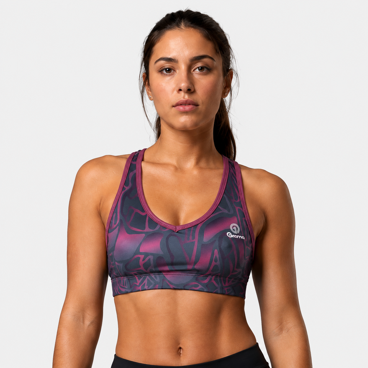 Top Sublimado 26 para mujer, vista frontal en sublimado negro y morado