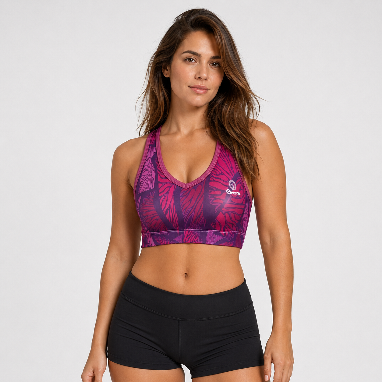 Top Sublimado 26 para mujer, vista frontal en sublimado rosa y morado