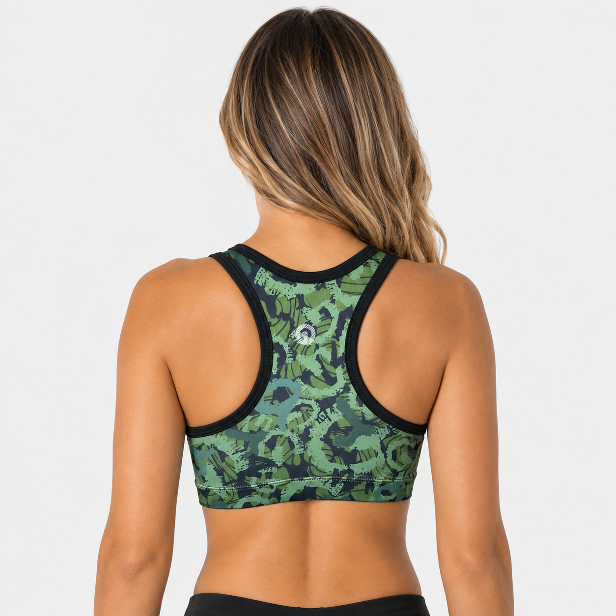 Top Sublimado 26 para mujer, vista posterior en sublimado verde y negro